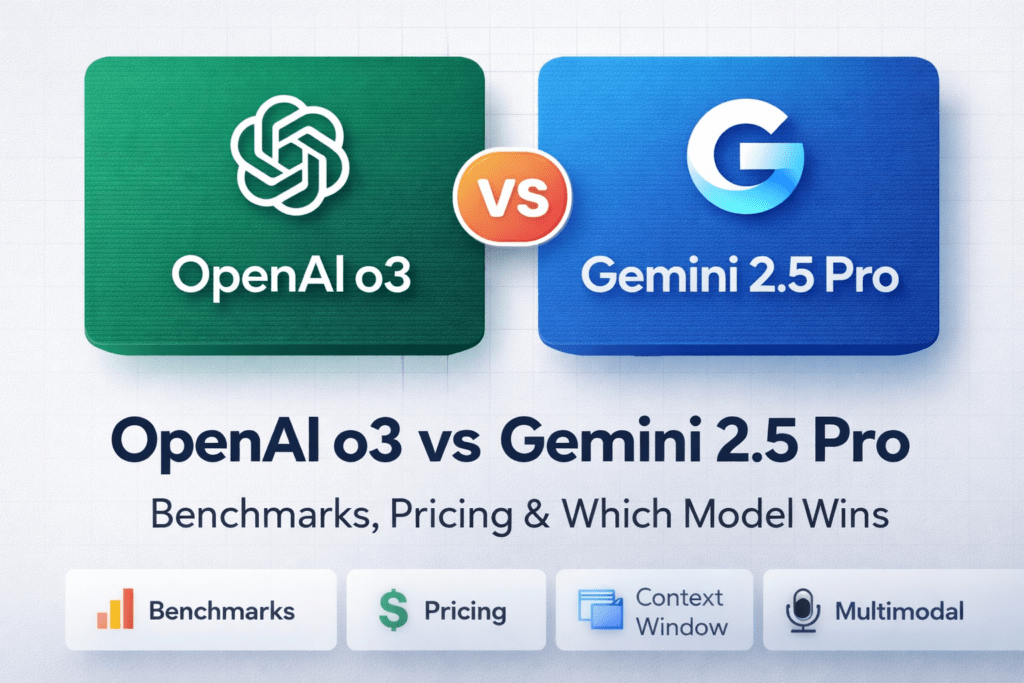 Side-by-side comparison of OpenAI o3 and Gemini 2.5 Pro with benchmarks, pricing, context window, and multimodal features