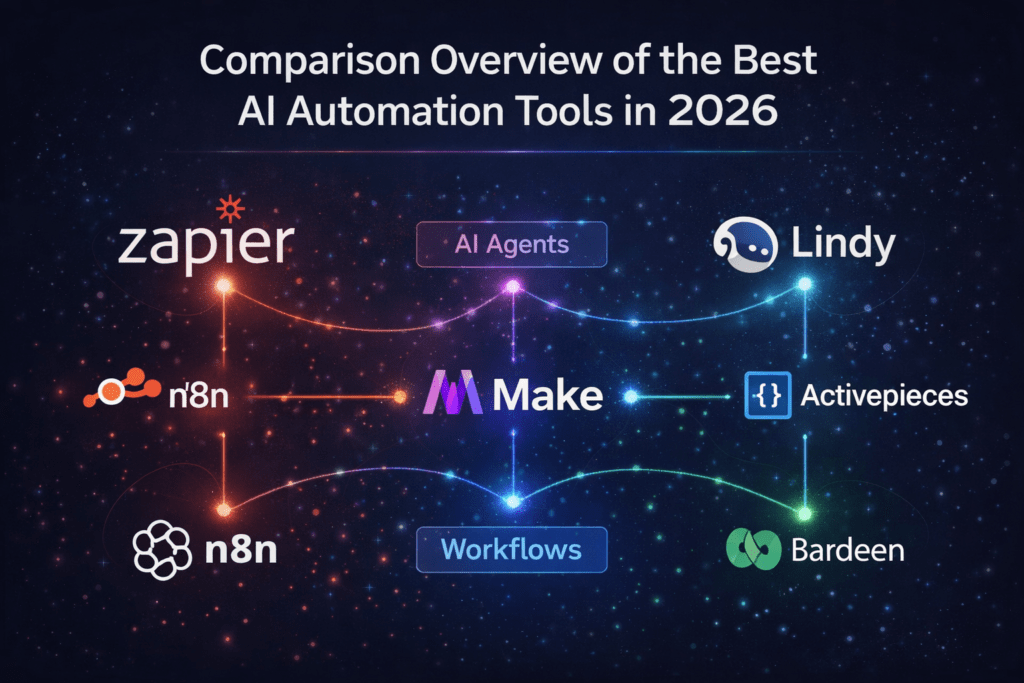 Best AI automation tools 2026 comparison showing n8n, Zapier, Make, and Lindy interfaces