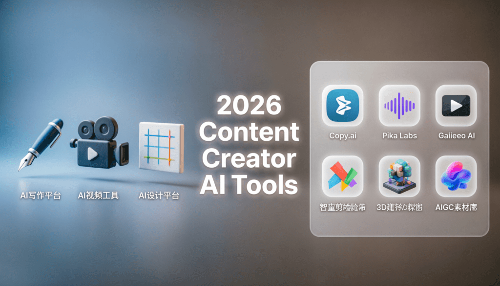 Comparison of the best AI tools for content creators in 2026 showing writing, video, and design platforms